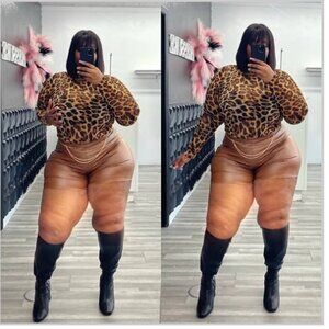 Leopard Print Bodysuit and Faux Leather Shorts Set